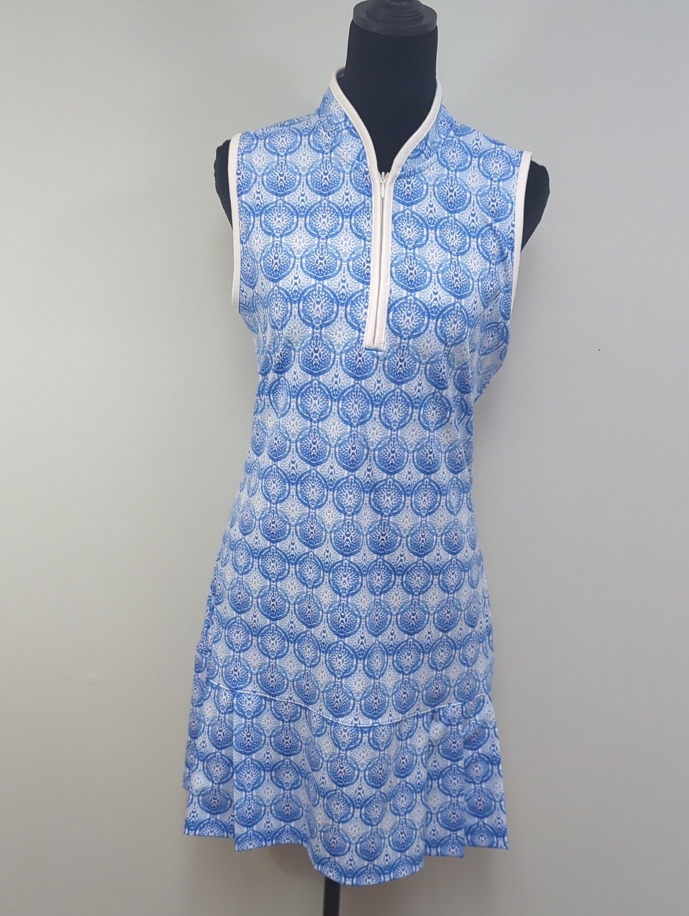 Sigrid Olsen Blue Print Sleeveless Golf Tennis Dress Quarter Zip Size M